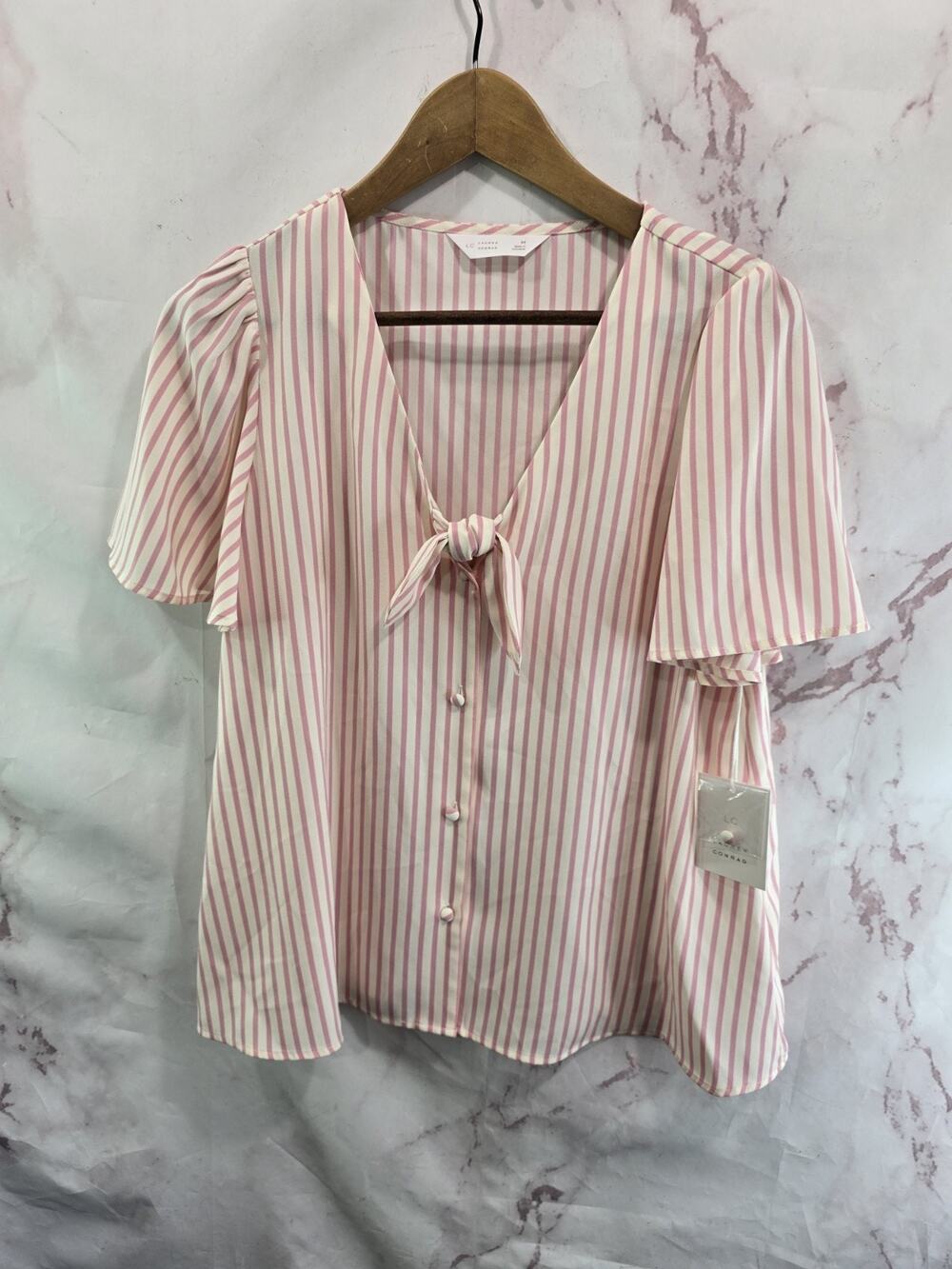 Lauren Conrad Shirt Womens Medium Pink White Stripe Blouse Button Twist Awning